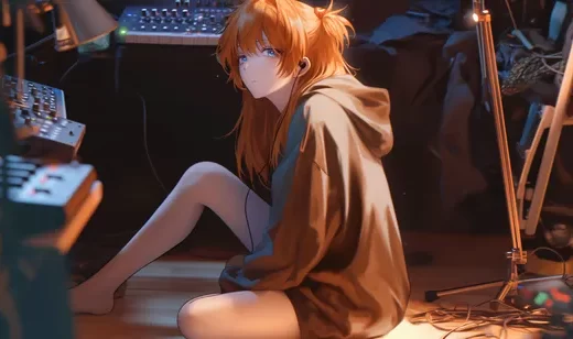 DJ少女，坐在地板上，穿着卫衣，黄色头发的动漫AI美少女图片