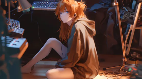 DJ少女，坐在地板上，穿着卫衣，黄色头发的动漫AI美少女图片