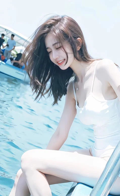 坐在观光小船边沿上玩水的甜美笑容比基尼美女手机壁纸图片-iPhone17-1