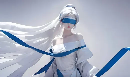 蒙眼美女，白色头发，抹胸白云长裙气质古装AI美女壁纸图片