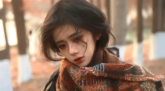 寒冬，女孩，围着围巾的忧伤女生森系户外写真壁纸图片-iPhone17-1