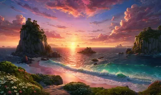 夕阳下，美丽的海岛，翻滚清澈的海浪，蓝色海水，日落，云彩，AI绘制风