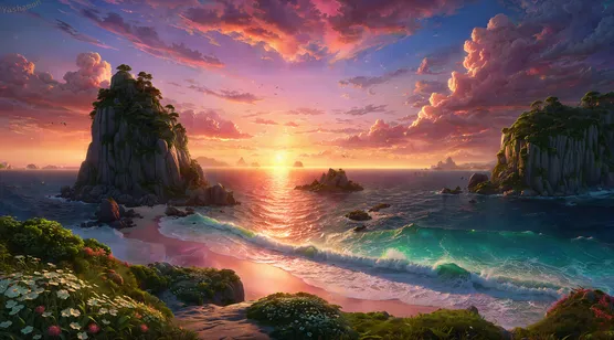 夕阳下，美丽的海岛，翻滚清澈的海浪，蓝色海水，日落，云彩，AI绘制风-iPhone17-1