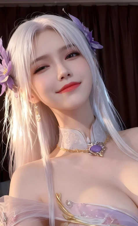 银发古风少女·紫花配饰 国风唯美古风美女壁纸-iPhone17-1