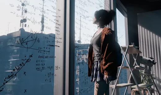 窗边女性背影与玻璃手写公式工作室场景-wlop