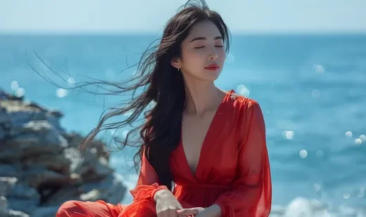 大海边，坐在礁石上的红衣红裙长发AI美女壁纸图片