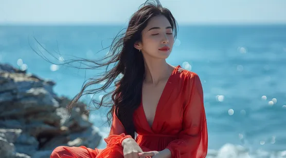 大海边，坐在礁石上的红衣红裙长发AI美女壁纸图片-iPhone17-1