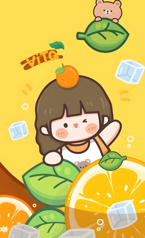 ViTo卡通女孩·橘子小熊冰块 夏日治愈手机壁纸-iPhone17-1