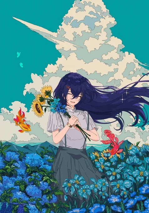 紫发少女·花田笑颜 二次元清新手机壁纸（向日葵蓝花 飘发云景）