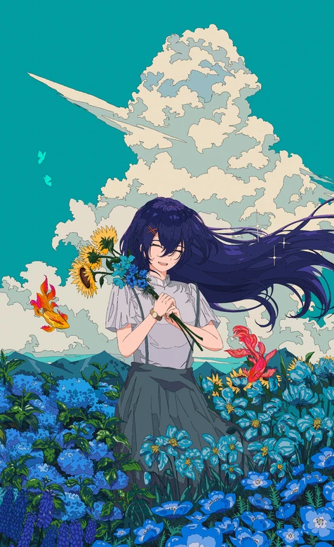 紫发少女·花田笑颜 二次元清新手机壁纸（向日葵蓝花 飘发云景）-iPhone17-1