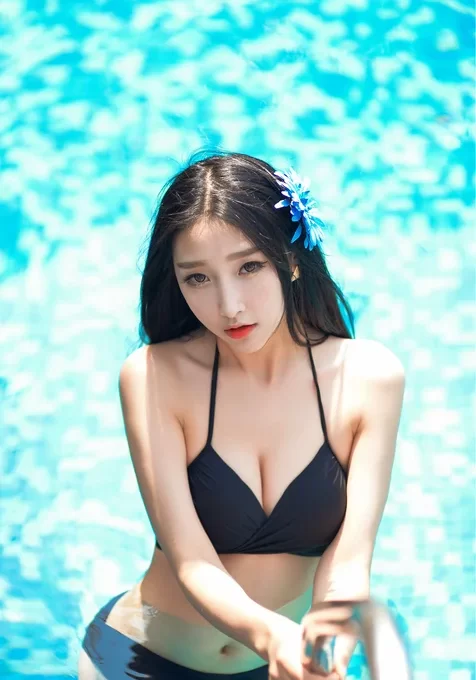 泳池中扶着梯子的丰满长发美女小姐姐黑色吊带比基尼性感写真手机壁纸图片