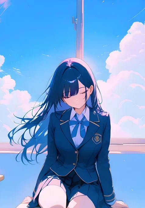 蓝发校服少女·闭眼静享 二次元唯美校园手机壁纸