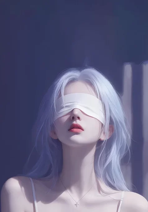 蒙眼，白色头发，吊带衣AI美女手机壁纸