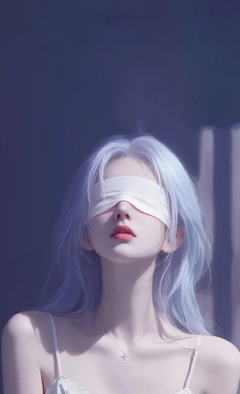 蒙眼，白色头发，吊带衣AI美女手机壁纸-iPhone17-1