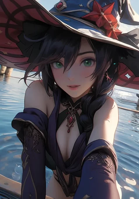 站在池塘水里，戴着魔法帽的性感低胸装AI动漫美女手机壁纸图片