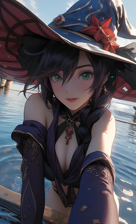 站在池塘水里，戴着魔法帽的性感低胸装AI动漫美女手机壁纸图片-iPhone17-1