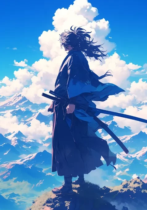 蓝天白云下，站在高岗上，腰挎双刀的武士动漫手机壁纸图片
