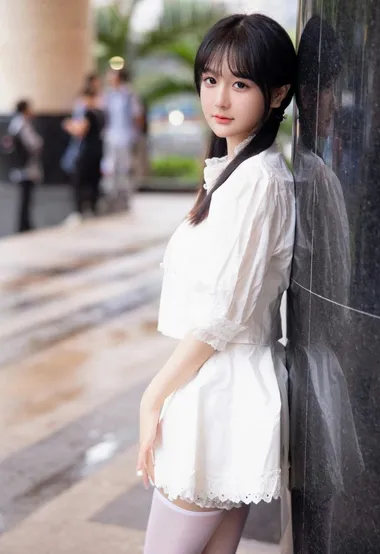 街拍双马尾发型养眼美少女白色连衣短裙搭配丝袜好看写真美照