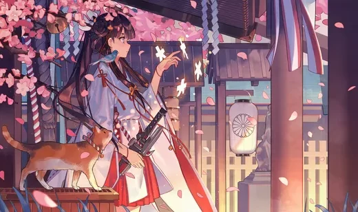 巫女服少女·持械御灵 日系樱花神社二次元唯美电脑壁纸