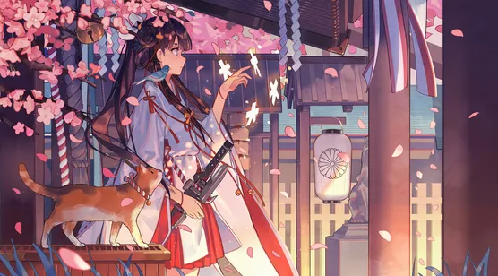 巫女服少女·持械御灵 日系樱花神社二次元唯美电脑壁纸-iPhone17-1