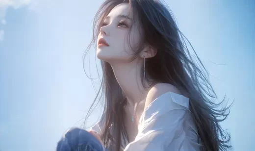 抱着膝盖，仰望天空的超好看女生壁纸，高颜值AI美女小姐姐侧颜壁纸图片
