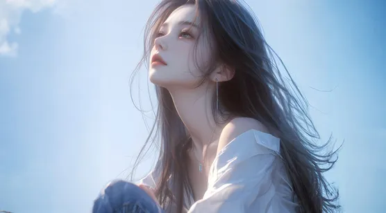 抱着膝盖，仰望天空的超好看女生壁纸，高颜值AI美女小姐姐侧颜壁纸图片-iPhone17-1