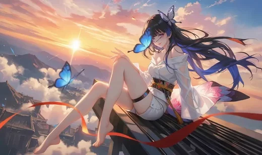 古风蝶舞少女·唯美国风 日落古城屋顶动态电脑壁纸