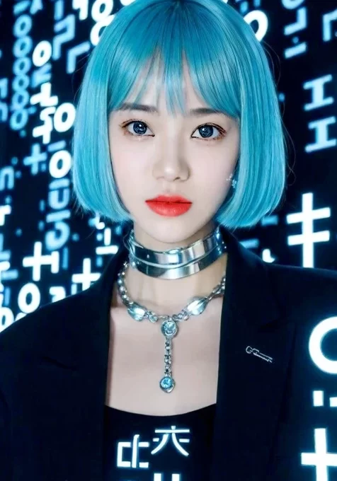 蓝发短发女性 赛博科技风数字背景人像