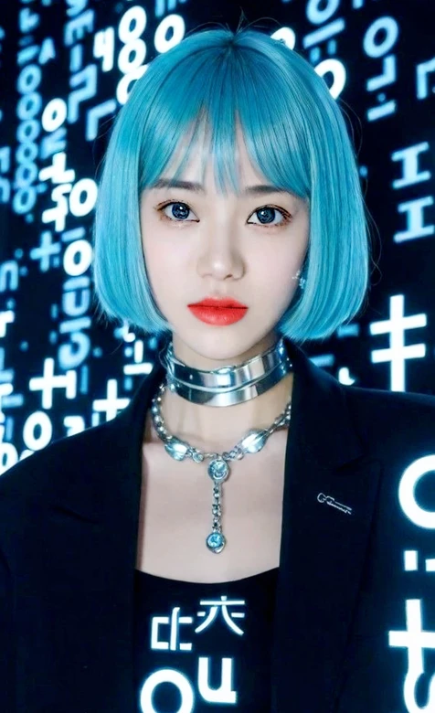 蓝发短发女性 赛博科技风数字背景人像-iPhone17-1