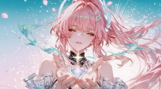 粉色长发二次元少女·光效捧心 唯美动态电脑壁纸推荐-iPhone17-1