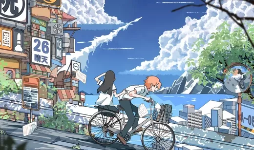 校服少年载少女骑行·国漫清新风 城市湖景雪山电脑壁纸