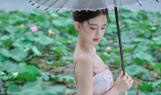 荷塘美少女，打着一把伞，身着吊带抹胸裙的高颜值美少女写真壁纸图片