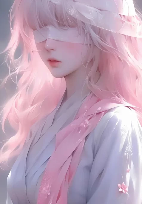 蒙着眼睛的粉色长发古装AI美女手机壁纸图片