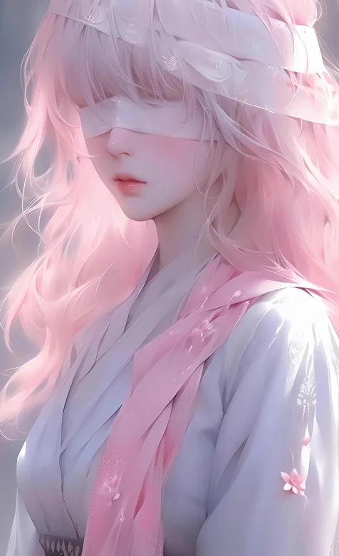 蒙着眼睛的粉色长发古装AI美女手机壁纸图片-iPhone17-1