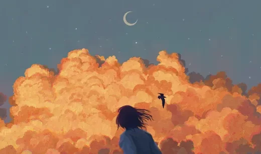 背影少女·橙云弯月飞鸟 唯美插画风宽屏电脑壁纸（车机适配）