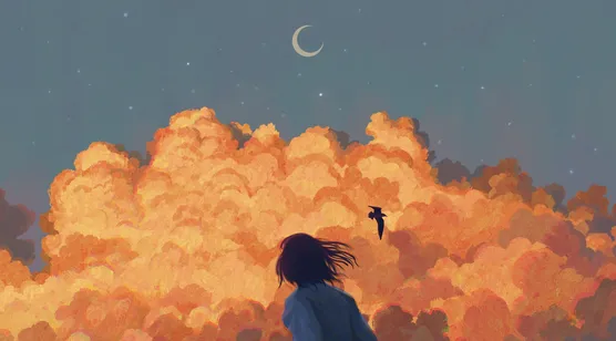 背影少女·橙云弯月飞鸟 唯美插画风宽屏电脑壁纸（车机适配）-iPhone17-1
