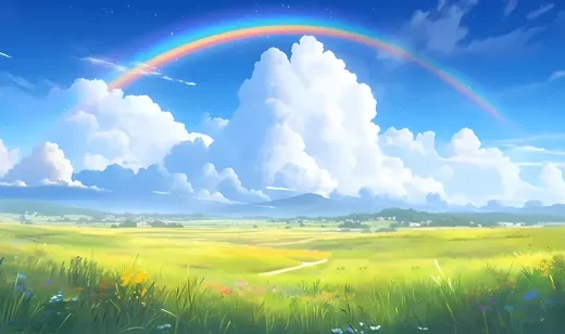 雨后彩虹，田野，乡村，天空，彩虹，云朵，唯美插画电脑壁纸图片
