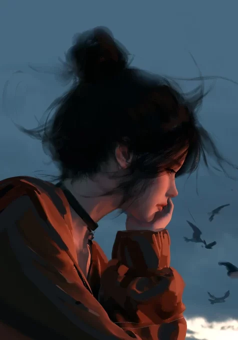 沉思女生·发丝飞扬写实风 黄昏飞鸟手机壁纸