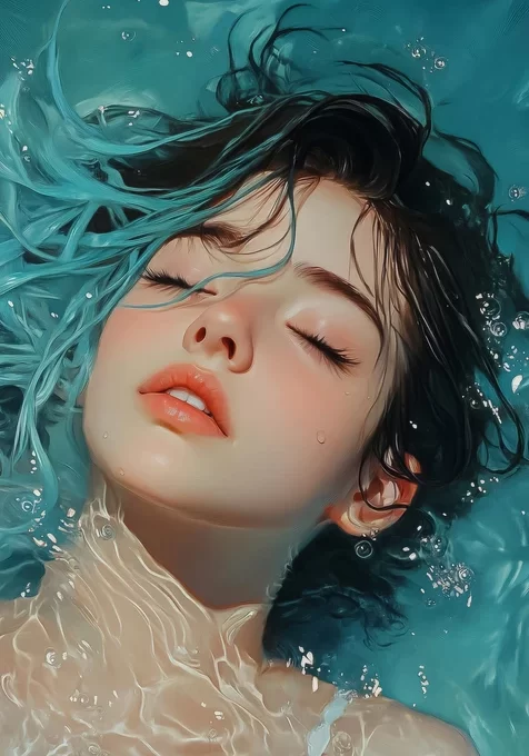 水下少女·蓝黑发丝水波氤氲 唯美写实风水下意境感手机壁纸