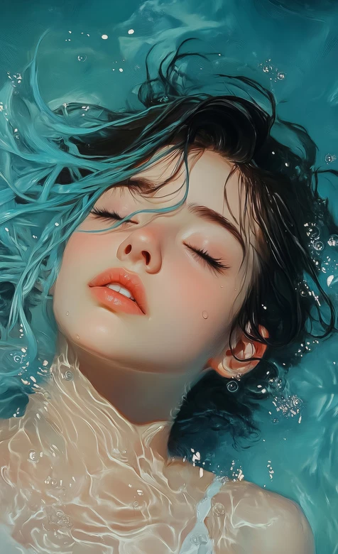 水下少女·蓝黑发丝水波氤氲 唯美写实风水下意境感手机壁纸-iPhone17-1