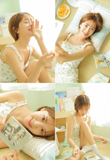 橙色的夏日，清新小碎花衫短裤美女养眼夏日写真图片