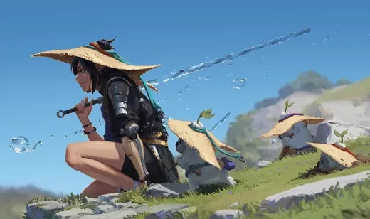 WOLP作品蹲着头戴草帽、肩抗水凝的宝剑的动漫女孩壁纸图片