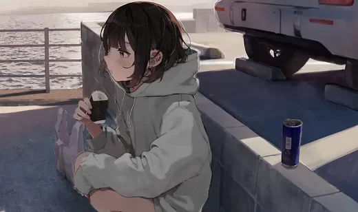 海边蹲坐少女·灰卫衣短发·日系治愈二次元插画·治愈系桌面背景