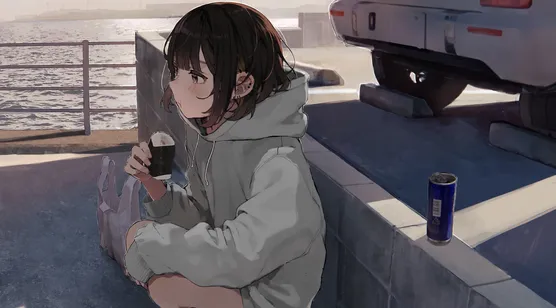 海边蹲坐少女·灰卫衣短发·日系治愈二次元插画·治愈系桌面背景-iPhone17-1