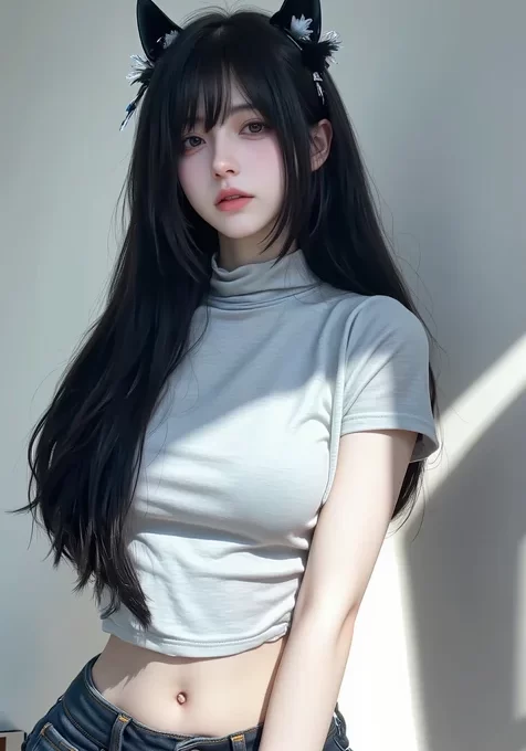 带着猫耳朵头饰的完美身材牛仔裤美女手机壁纸图片