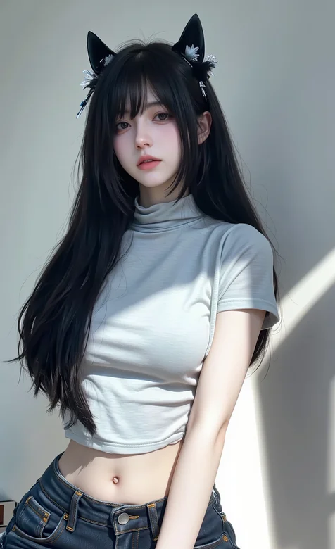 带着猫耳朵头饰的完美身材牛仔裤美女手机壁纸图片-iPhone17-1