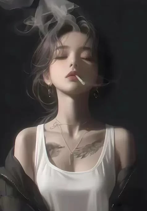 烟雾弥漫，如同一层轻盈的细纱，闭着眼睛，叼着烟，穿着背心的性感纹身A