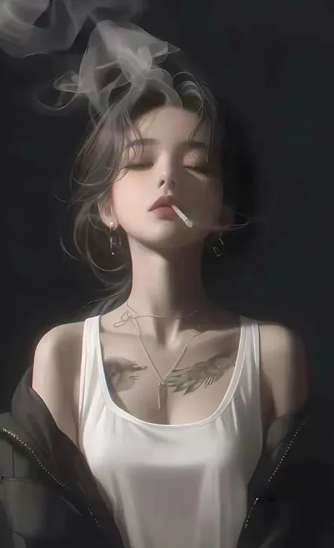烟雾弥漫，如同一层轻盈的细纱，闭着眼睛，叼着烟，穿着背心的性感纹身A-iPhone17-1
