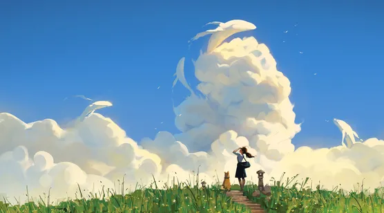 站着绿色原野上，望着天空的云朵化的鱼儿，动漫女生和她的宠物狗狗唯美图-iPhone17-1