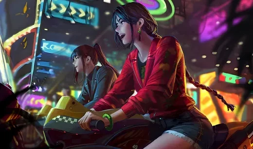 赛博朋克霓虹夜市双少女骑乘游乐设施壁纸 电玩风